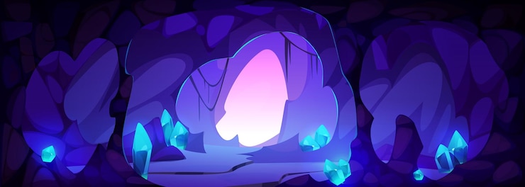 Vector gratuito cueva oscura con gemas azules y entrada mágica