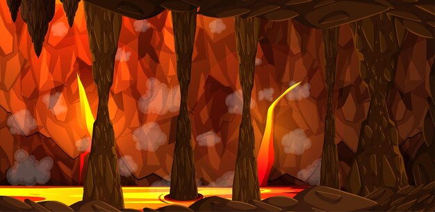 Cueva oscura infernal con escena de lava.