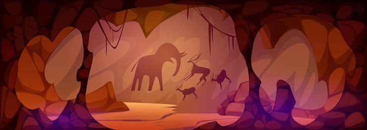 Vector gratuito cueva prehistórica con dibujos de animales en la pared