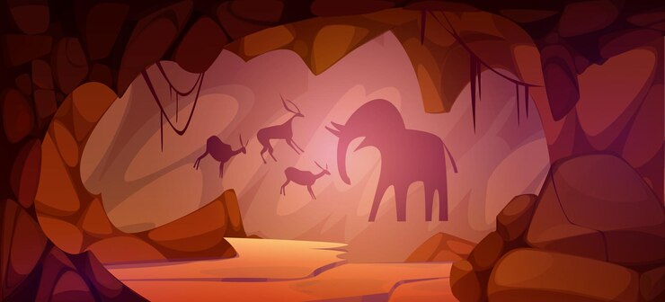 Vector gratuito cueva prehistórica con dibujos de animales en la pared