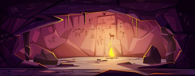 Cueva prehistórica con hoguera y dibujos en la pared