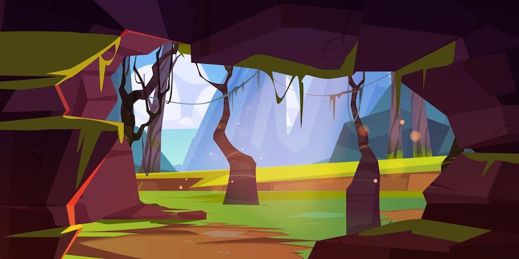 Vector gratuito cueva en roca en bosque selvático con montañas