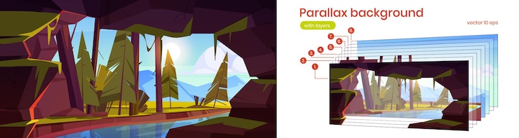 Vector gratuito cueva en roca con río, bosque y montañas afuera. fondo de paralaje de vector para animación 2d con paisaje de verano de dibujos animados con entrada de caverna de piedra, arroyo y árboles coníferos