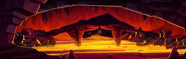 Cueva del volcán de dibujos animados con flujo de lava en el interior