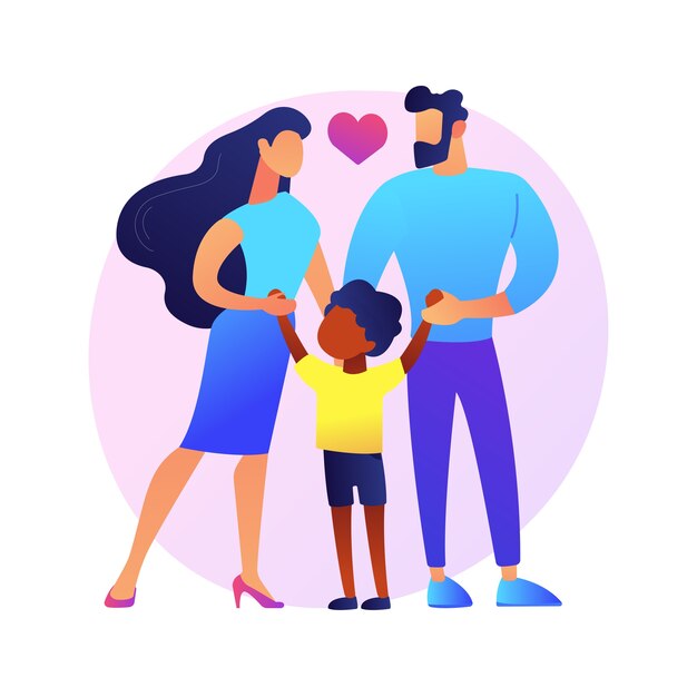Cuidado de los padres adoptivos ilustración del concepto abstracto. Cuidado de crianza, padre en adopción, feliz familia interracial, divirtiéndose, juntos en casa, pareja sin hijos