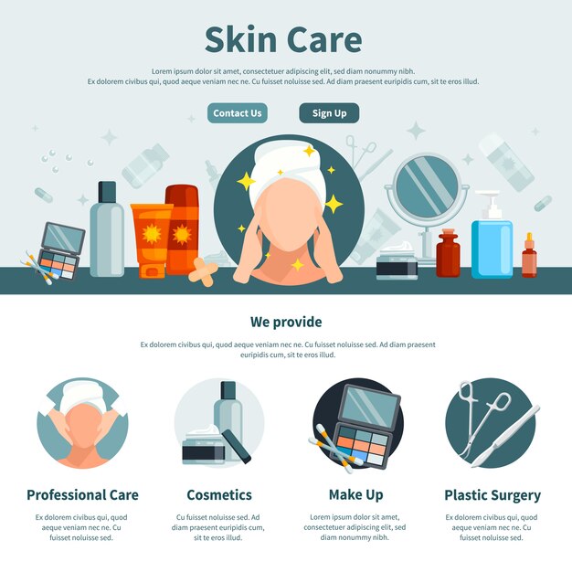 Cuidado de la piel una página plana para diseño web con información de contacto profesional y maquillaje.