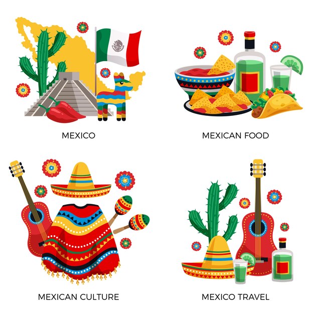 Cultura mexicana tradiciones comida, concepto colorido con guitarra de cactus poncho tequila tacos