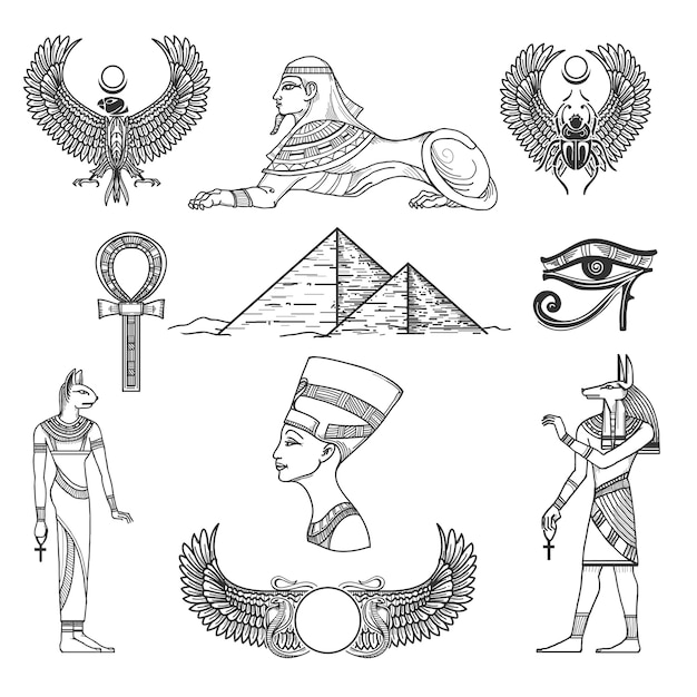 Cultura de símbolos de egipto, carácter de icono, pirámide antigua, ilustración vectorial