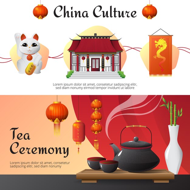 Cultura y tradiciones chinas 2 pancartas horizontales con ceremonia del té.