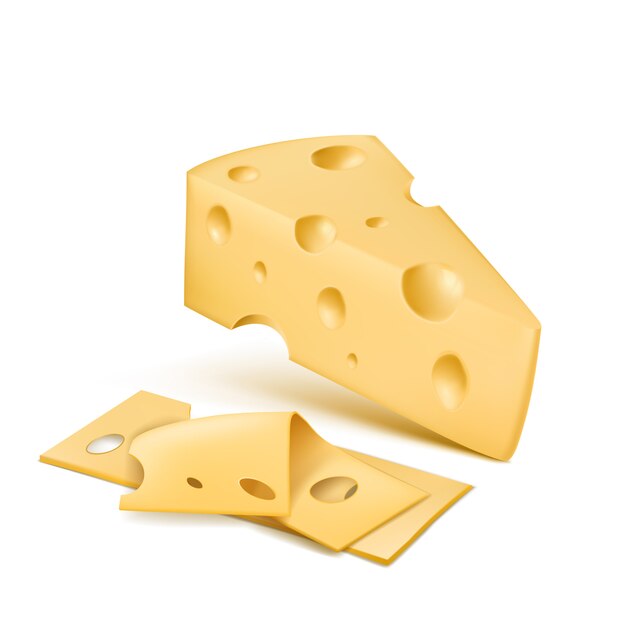 Cuña de queso emmental con rodajas finas. Producto orgánico fresco de Suiza, productos lácteos italianos