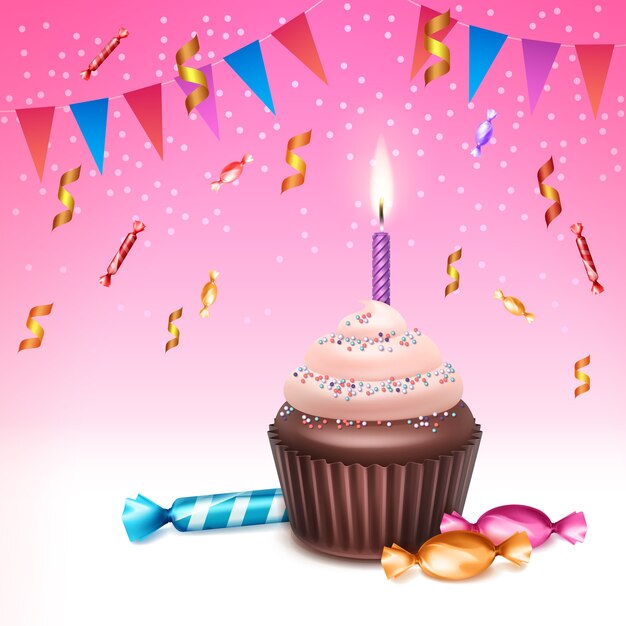 Cupcake de cumpleaños de vector con crema batida, chispas, velas encendidas, dulces, confeti y banderas del empavesado sobre fondo rosa