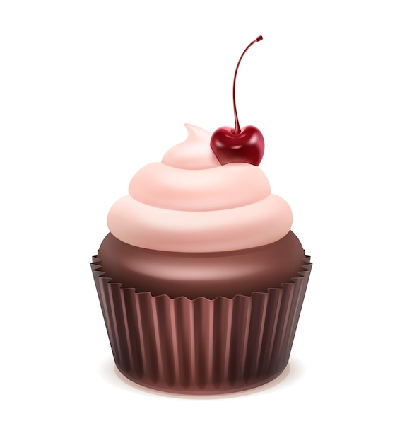 Cupcake de vector con crema batida rosa y cereza de cerca aislado sobre fondo blanco.