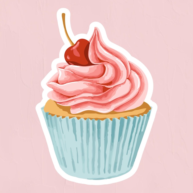 Cupcake vectorizado rematado con una superposición de adhesivo de cereza marrasquino con un borde blanco