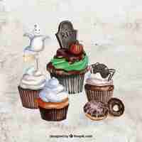 Vector gratuito cupcakes deliciosos de halloween de acuarela