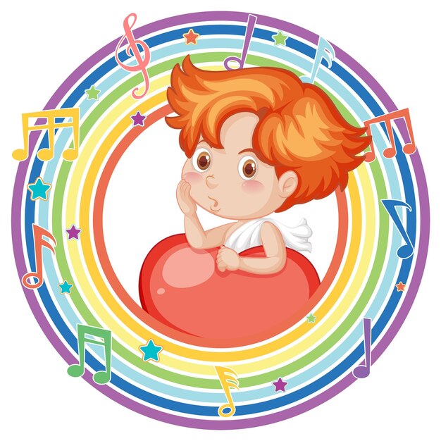 Cupido en marco redondo arco iris con símbolo de melodía