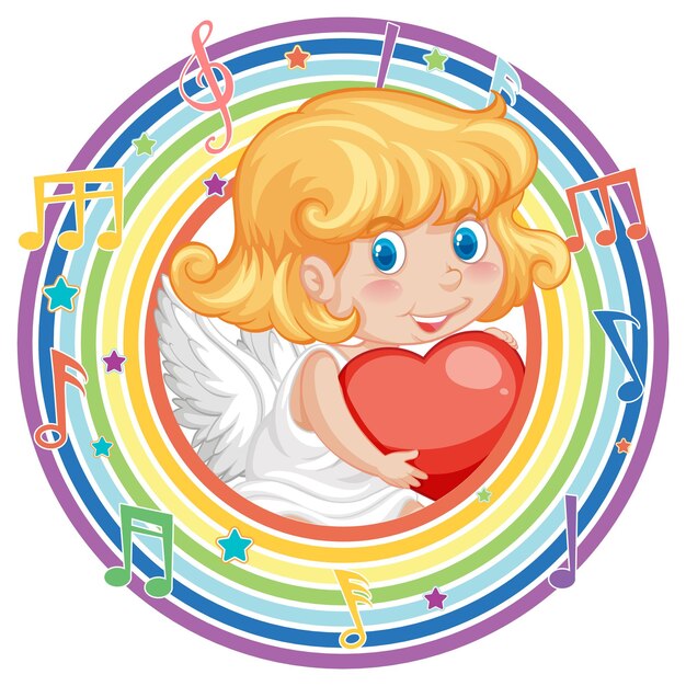 Cupido niña en arco iris marco redondo con símbolo de melodía