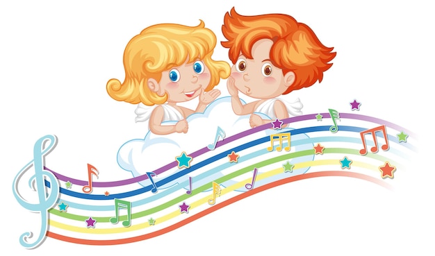 Cupido niño y niña personaje de dibujos animados con símbolos de melodía en arco iris