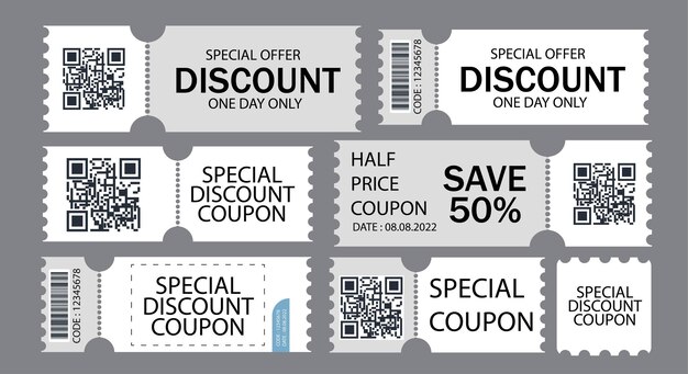 Cupón de descuento vectorial oferta a mitad de precio cupón de regalo de código promocional y plantilla de cupones