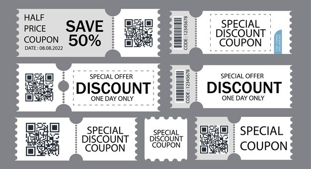 Cupón de descuento vectorial oferta a mitad de precio cupón de regalo de código promocional y plantilla de cupones