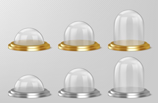 Cúpulas de vidrio realistas, recuerdos de bolas de nieve navideñas, contenedores de semiesfera de cristal aislados en plata