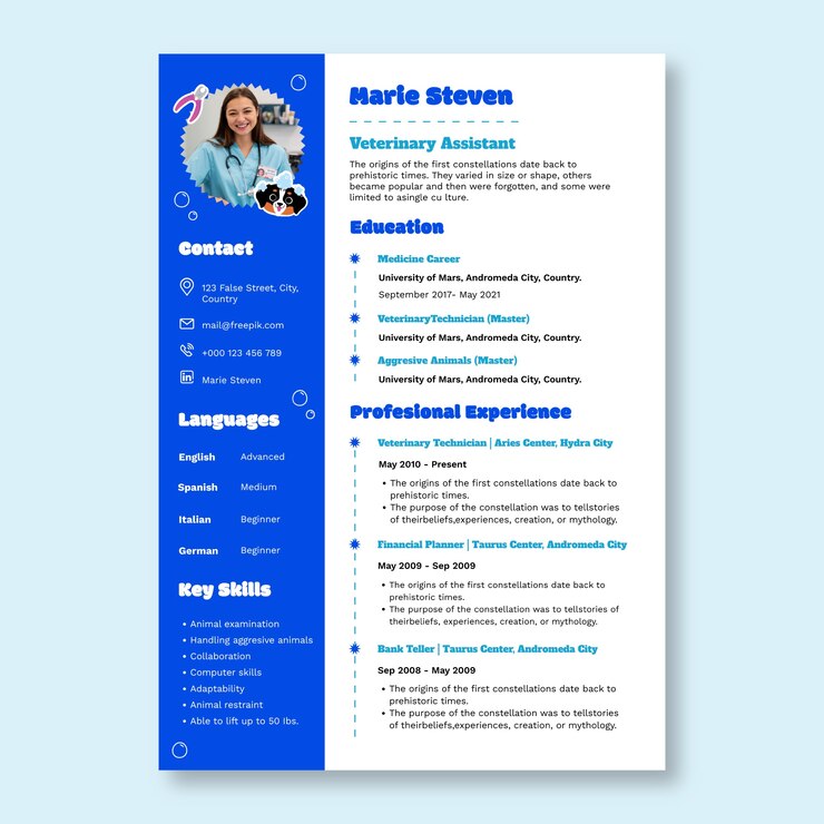 Vector gratuito currículum de asistente veterinario plano moderno