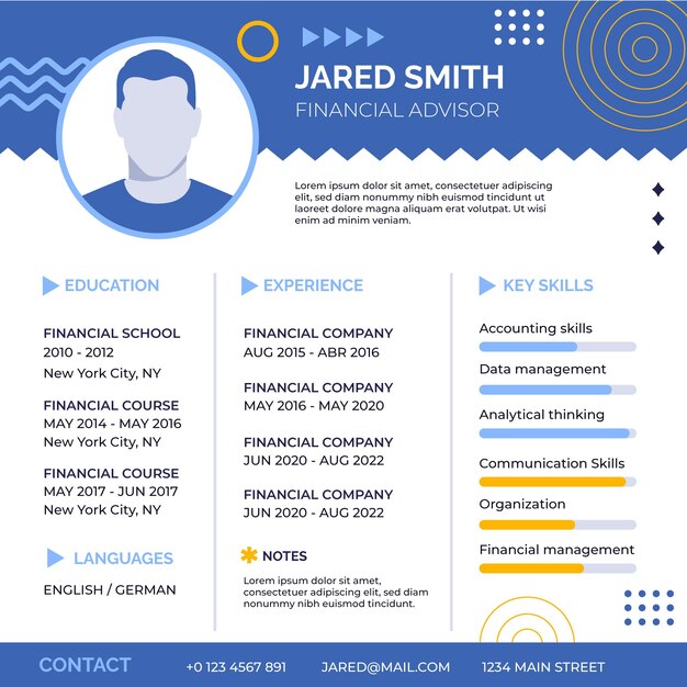Curriculum vitae en línea de concepto de finanzas de diseño plano