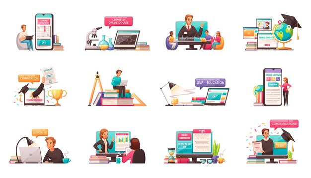 Cursos de certificado profesional de educación en línea autoaprendizaje con computadora portátil para teléfono inteligente 12 composiciones de dibujos animados conjunto ilustración vectorial aislada