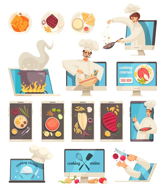 Cursos de chef profesional de la escuela de cocina clases en línea iconos planos con ingredientes de platos en pantallas de tabletas ilustración vectorial