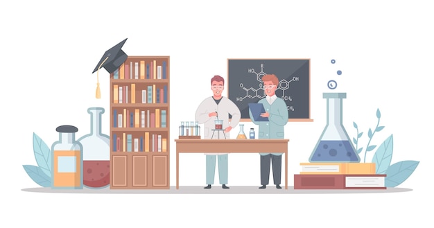 Cursos de clases prácticas de laboratorio universitario universitario en composición de dibujos animados de bioquímica con estudiantes de experimentos químicos que realizan ilustraciones vectoriales