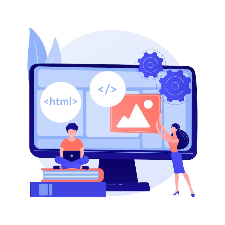 Vector gratuito cursos de desarrolladores web. estudio de programación informática, diseño web, guión y codificación. componentes de la estructura de la interfaz de aprendizaje de los estudiantes de informática.