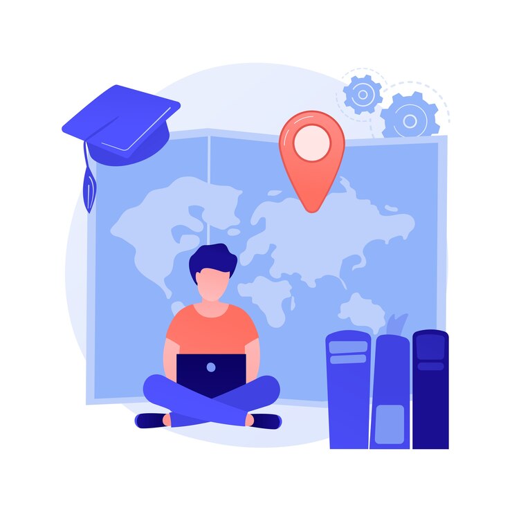 Vector gratuito cursos universitarios a distancia. título académico, autoeducación, clases de internet. lecciones escolares en línea, e learning. personaje de dibujos animados de estudiante universitario