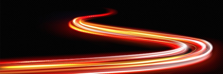 Vector gratuito curvas de alta velocidad de la línea de conducción con efecto de neón ligero traza dinámica brillante roja y amarilla de un coche o carrera en rápido movimiento ilustración vectorial realista de líneas de flash de energía sobre fondo negro
