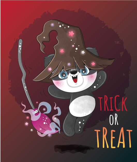 Vector gratuito cute animal pequeña bruja mapache con ilustración de escoba - cute animal acuarela halloween