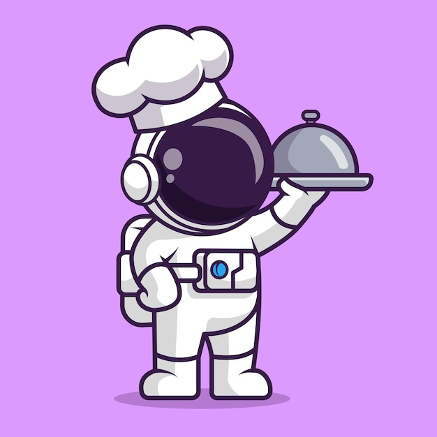 Cute Astronaut Chef Sirviendo Comida Cartoon Vector Icono Ilustración. Ciencia comida icono plano aislado