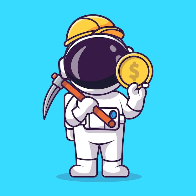 Cute Astronaut Mining Holding Gold Coin and Pickaxe Cartoon Vector Icon Ilustración. Finanzas