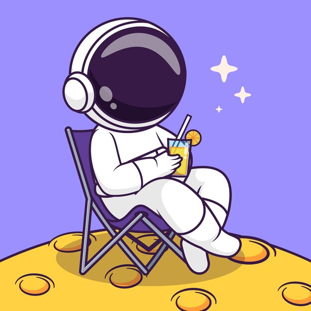 Cute Astronaut Relaxing On Moon With Orange Juice Cartoon Vector Icon Illustration Science Holiday