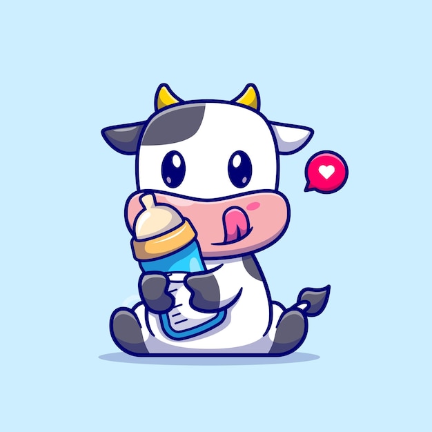 Cute Baby Cow Holding Milk Cartoon Vector Icon Ilustración. Concepto de icono de comida para animales Vector Premium aislado. Estilo de dibujos animados plana