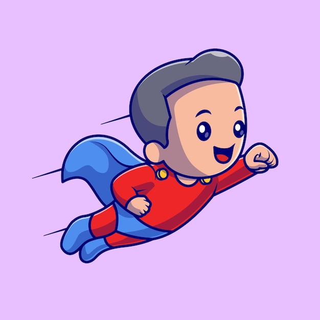 Vector gratuito cute boy super hero flying cartoon vector icono ilustración. concepto de icono de vacaciones de personas aislado