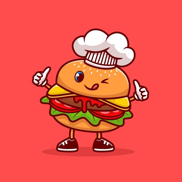 Cute Burger Chef Thumbs Up Cartoon Icon Illustration. Icono de Chef de comida aislado. Estilo de dibujos animados plana