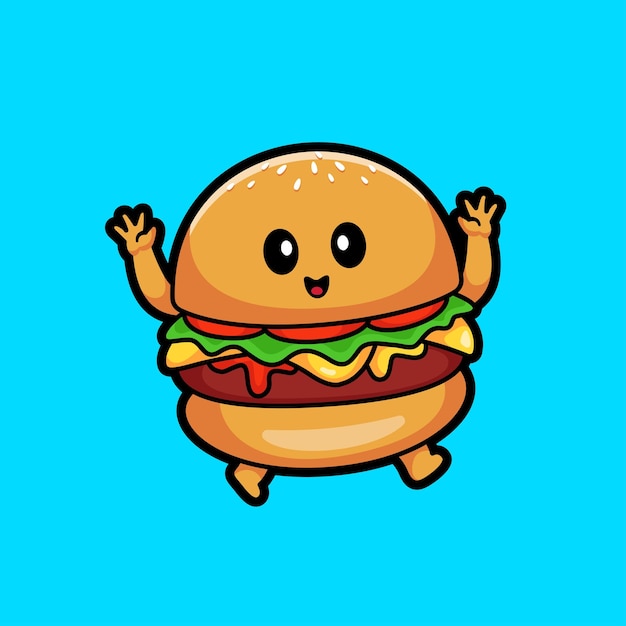 Cute Burger Kid Saltando Vector de dibujos animados Icono Ilustración de alimentos Icono de objeto Icono plano aislado Vector