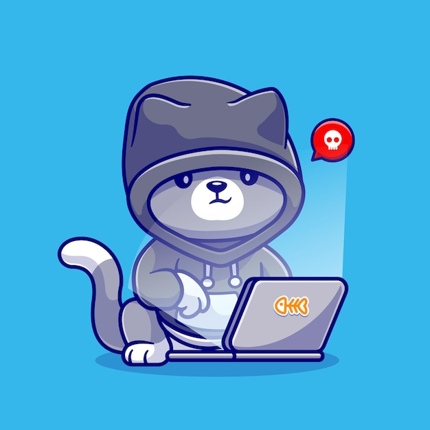 Cute Cat Hacker Operando Laptop Cartoon Vector Icono Ilustración. Icono de tecnología animal aislado