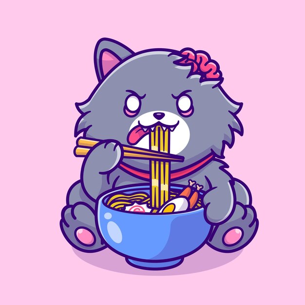 Cute Cat Zombie Eating Ramen Noodle Cartoon Vector Icon Ilustración. Icono de alimento animal plano aislado