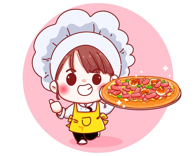 Vector gratuito cute chef sosteniendo una ilustración de dibujos animados de pizza