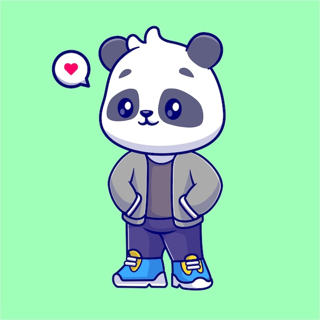 Vector gratuito cute cool panda vistiendo chaqueta y zapatillas de deporte de dibujos animados vector icono ilustración. moda animal aislado