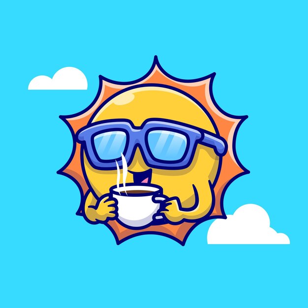 Cute Cool Sun Beber Café Cartoon Vector Icono Ilustración Naturaleza Beber Icono Concepto Aislado plano