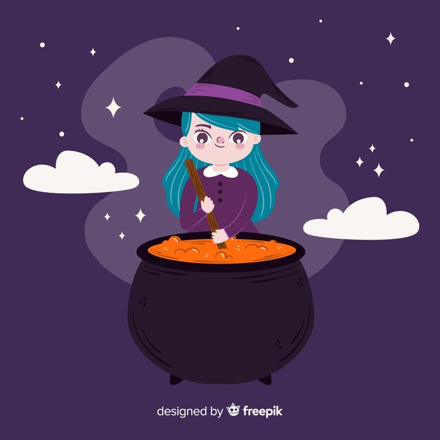 Cute dibujos animados de bruja de halloween