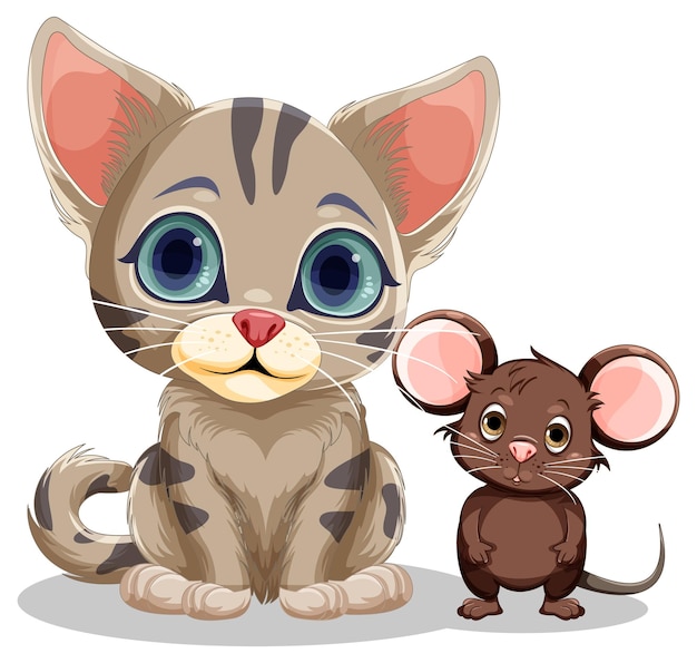 Vector gratuito cute dibujos animados de gato y ratón aislado