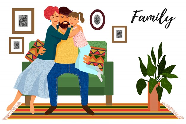 Cute Dibujos Animados Plana Padre Madre E Hija En El Sofa En El Interior Aislado Vector Premium
