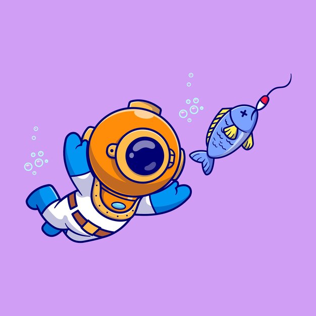 Cute Diver Catching Fish Cartoon Vector Icono Ilustración. Ciencia Naturaleza Icono Concepto Aislado Plano