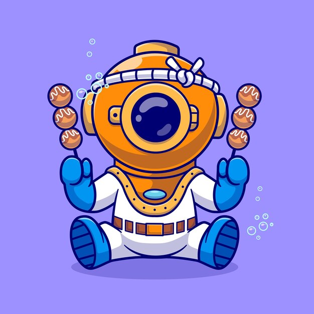 Cute Diver Eating Takoyaki Food Cartoon Vector Icon Ilustración. Ciencia comida icono concepto aislado